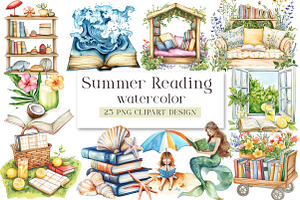 Summer Reading Watercolor Clipart, a Seasonal Illustration by DreamArtGraphic