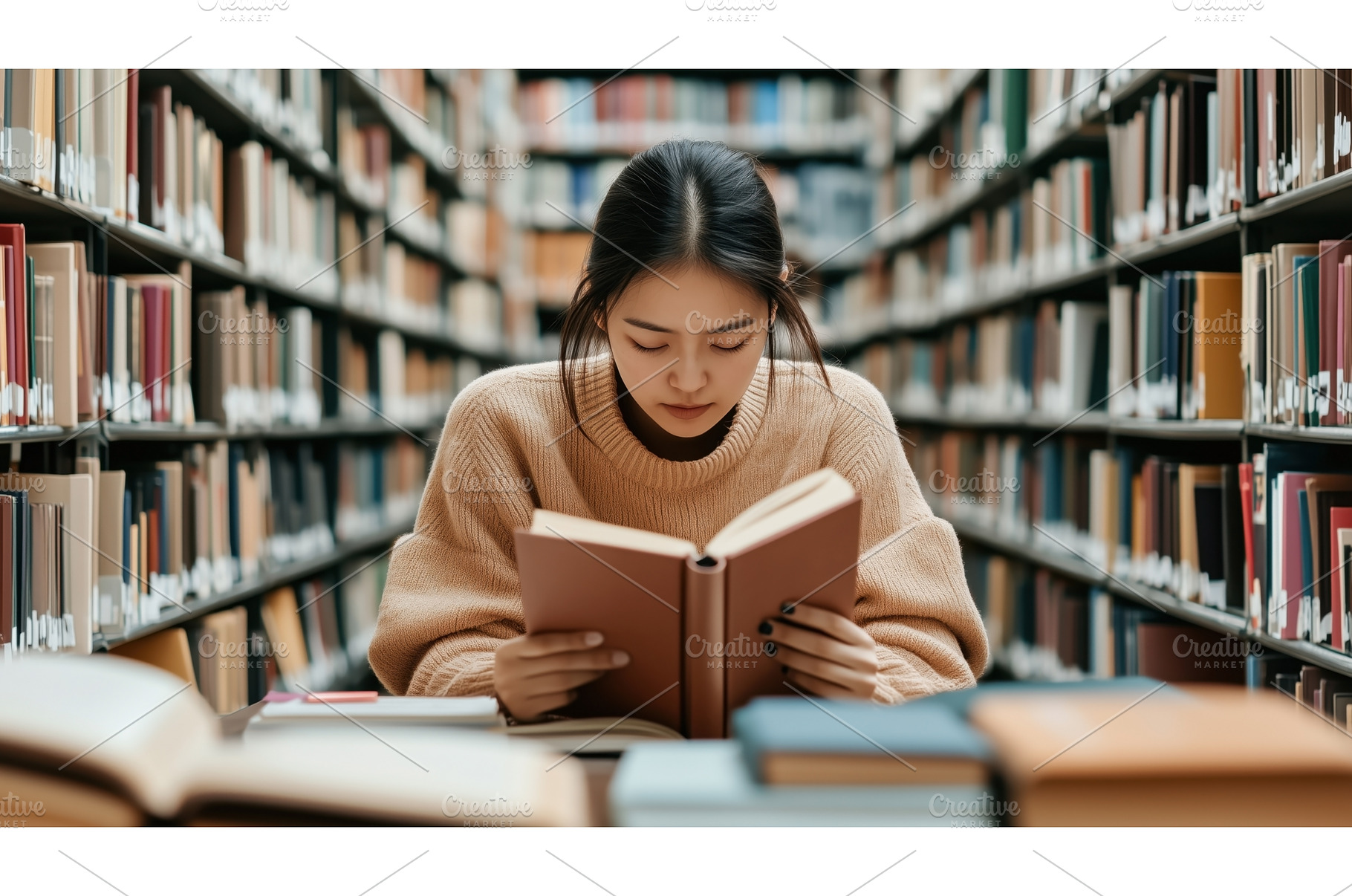 Asian woman reading a book in a, a School & Education Photo by Sergey Kotenev