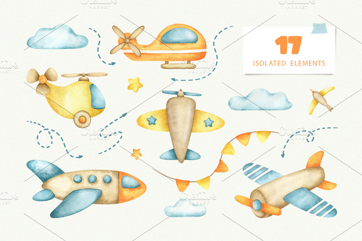 Airplanes kids watercolor clip art, an Illustration by Fedulova Art (Photo 3 of 14)