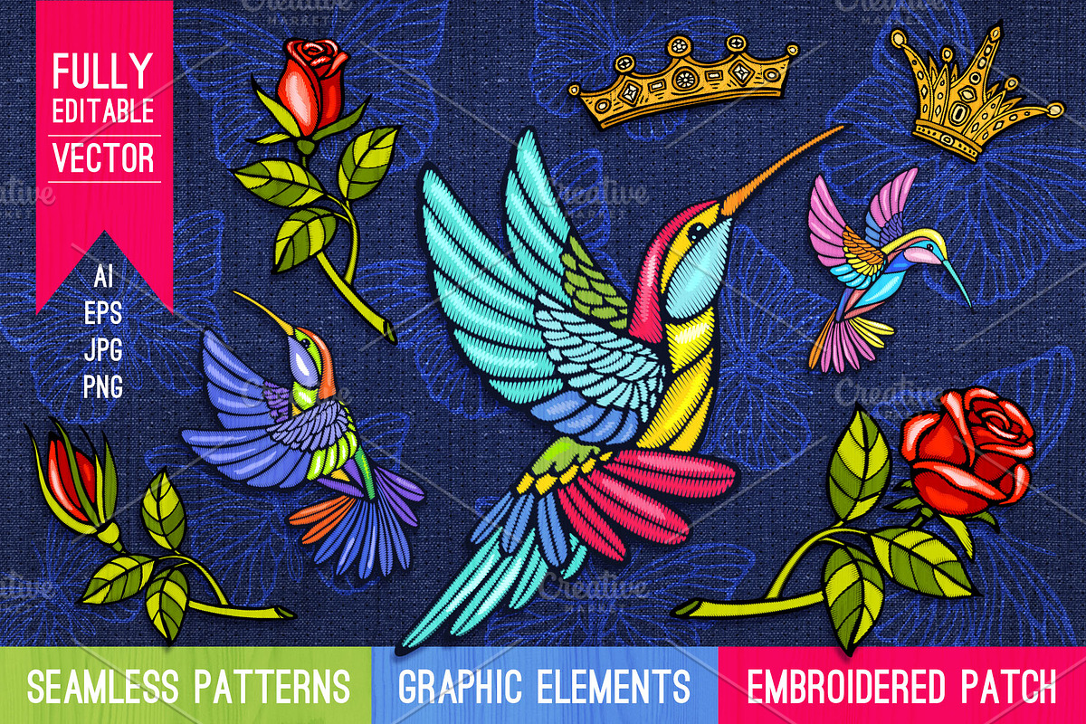 Hummingbird Roses Embroidered Patch, a Graphic by Iraida_Bearlala (Photo 1 of 7)