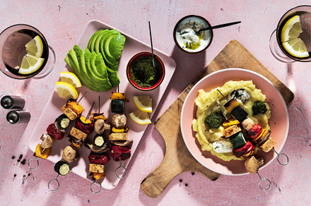 Roasted Veggie Kebabs with tofu and mushrooms , avocado and basi, a Food & Drink Photo by IriGri