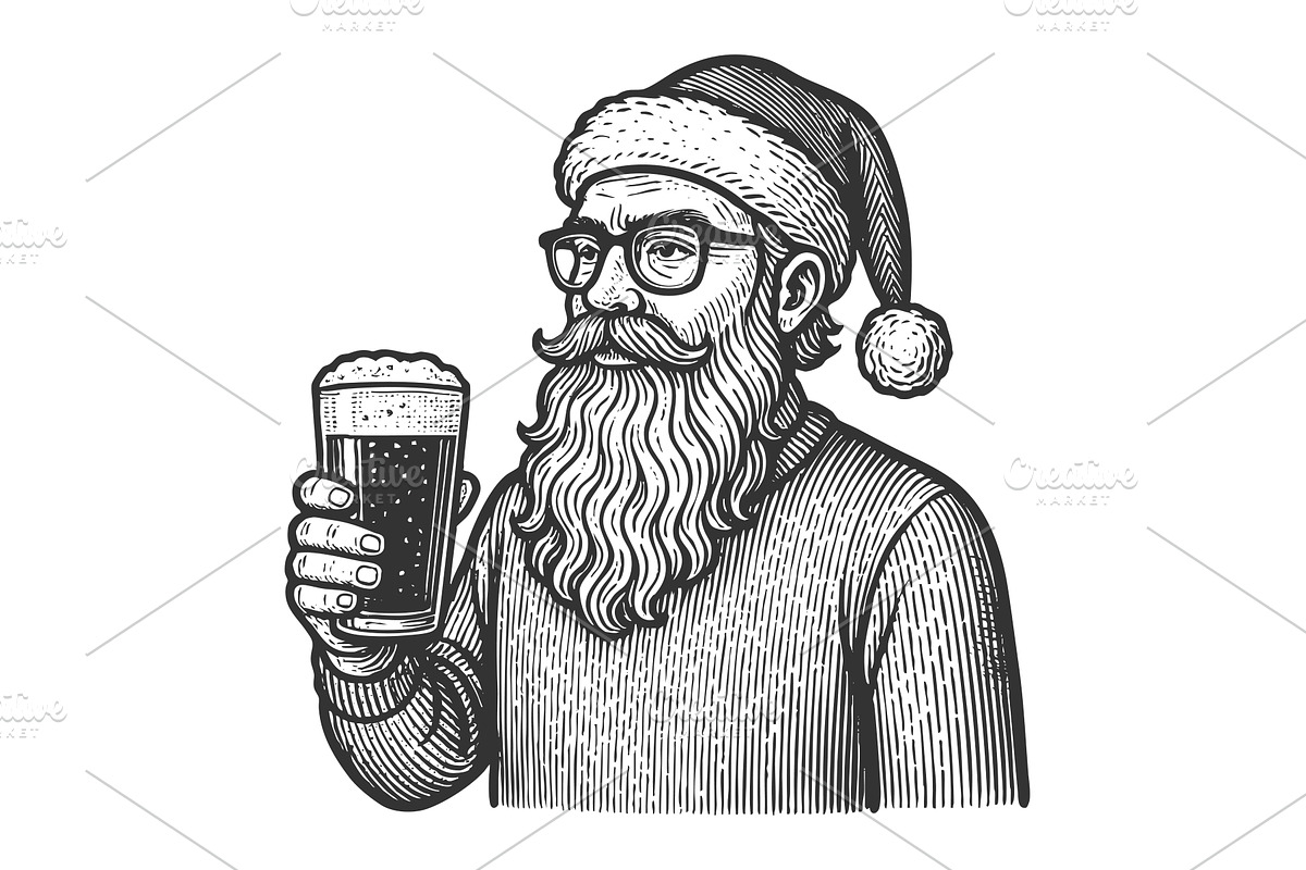 Hipster Santa Claus holding glass of, an Illustration by AlexArt