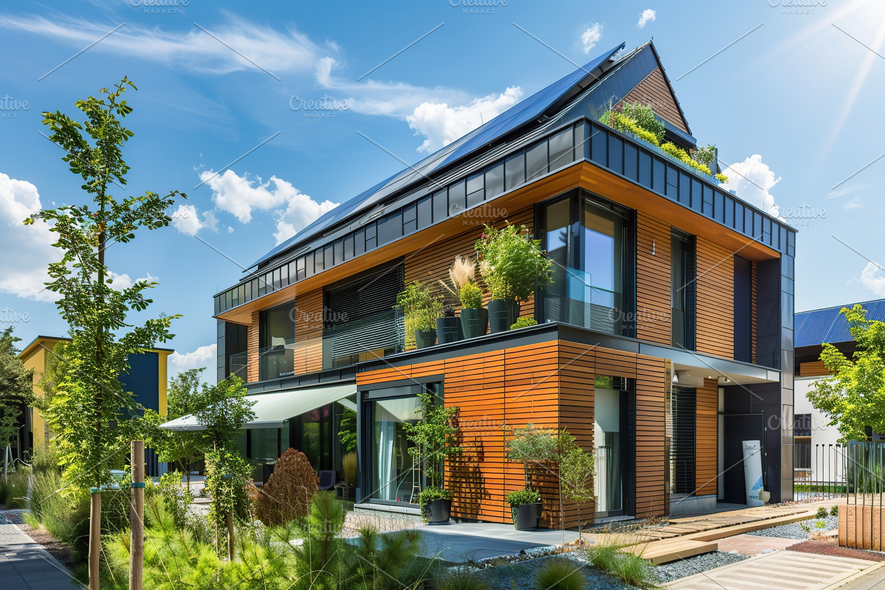 Large eco house with solar panels and green plant, a Photo by AlyaAnd