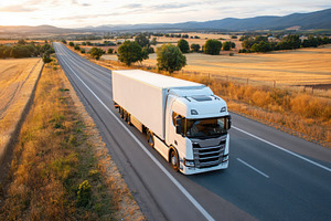 Truck driving on a scenic highway, a Transportation Photo by AlyaAnd