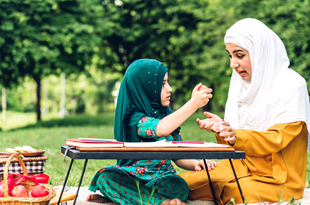 Portrait of happy religious enjoy happy love asian islam family