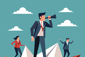 Businessman with spyglass leads team