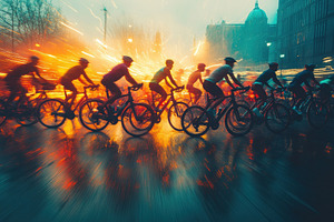 Cyclists navigating through a rainy, a Photo by Tanuart
