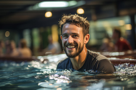 Smiling Male Coach Leading Swimming Training Session in Indoor Pool, a Photo by AS photostudio
