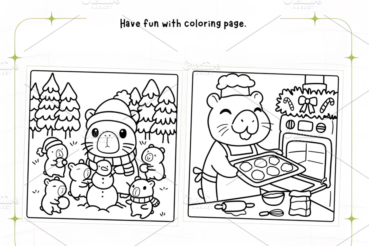 Capybara Christmas Coloring Pages, an Animal Illustration by Coco Bloom (Photo 2 of 3)