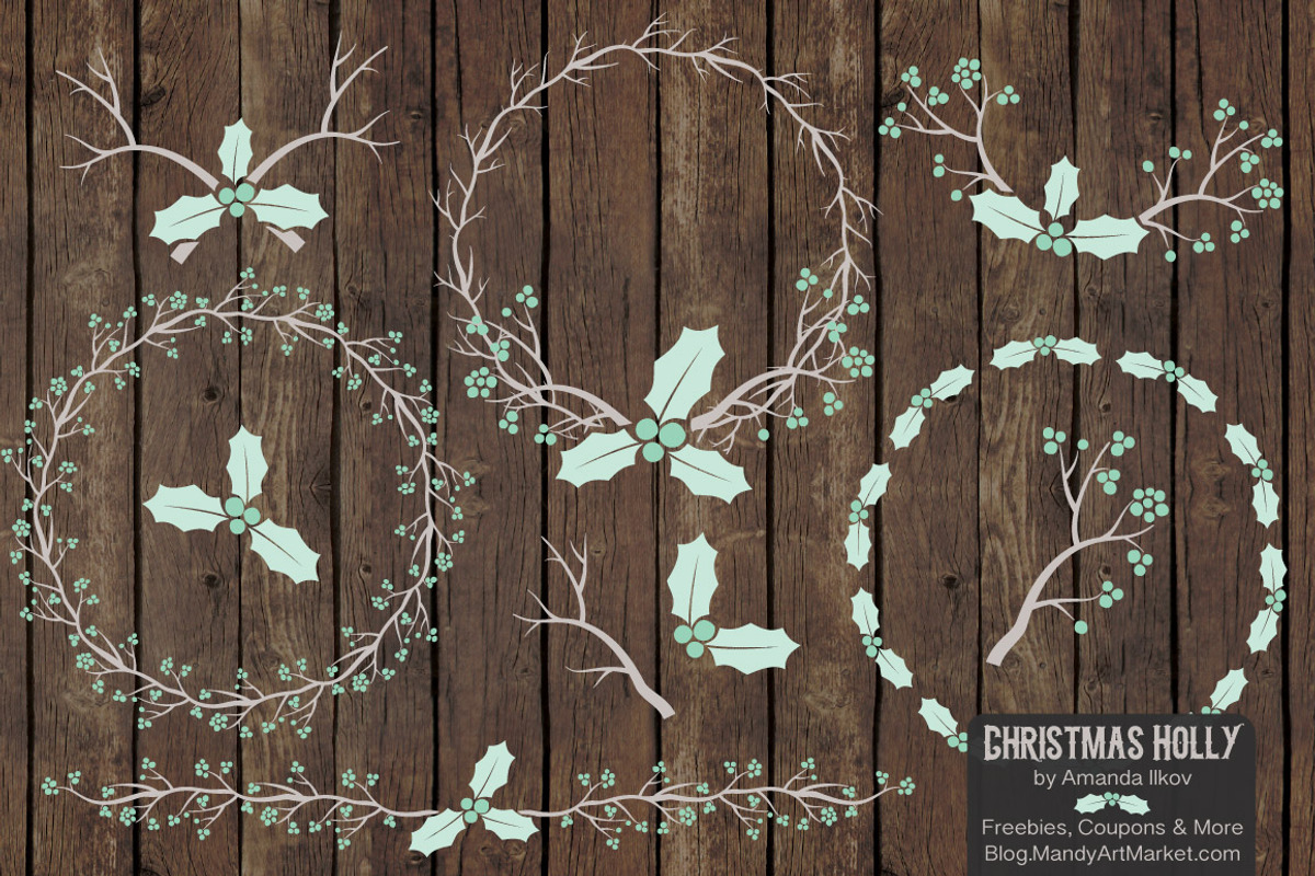 Mint Holly Wreath Clipart & Papers, an Illustration by Amanda Ilkov (Photo 3 of 5)