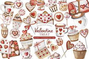 Watercolor Valentine Sweets Clipart, an Illustration by MockupWizard