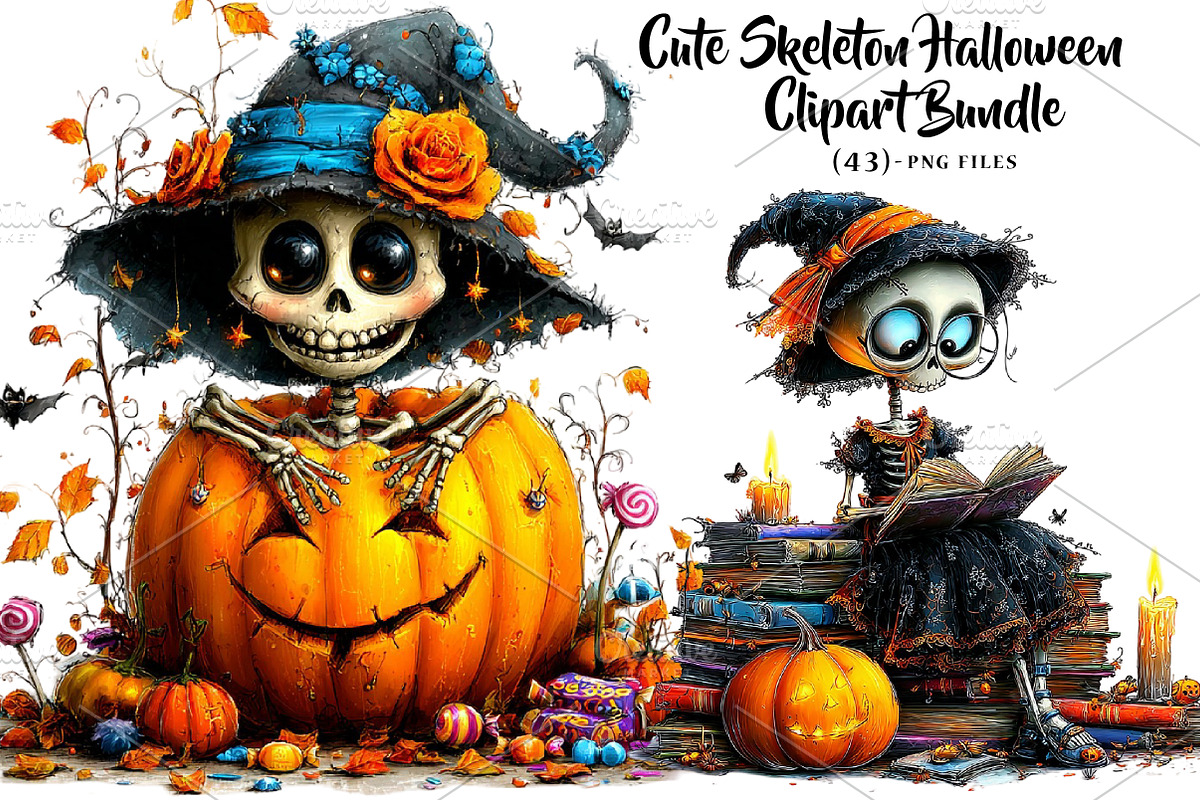 Cute Skeleton Halloween Clipart, a Seasonal Illustration by CreationArt (Photo 1 of 5)