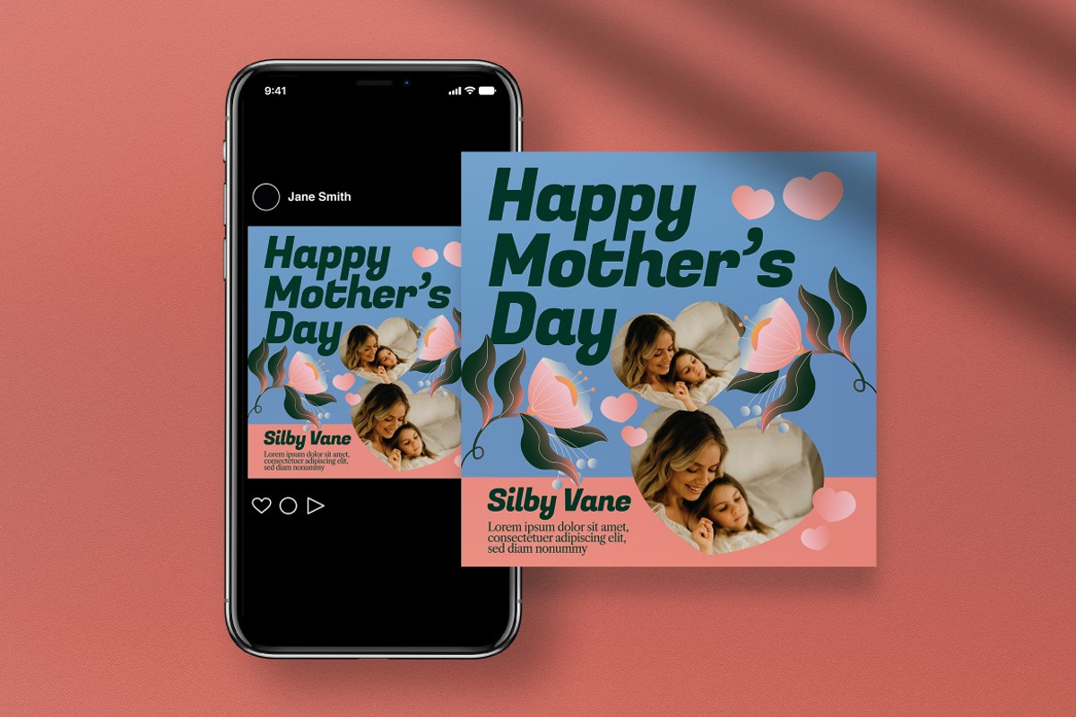 Blue Pink Mother's Day Greeting Card, a Card Template by graphicook (Photo 4 of 4)