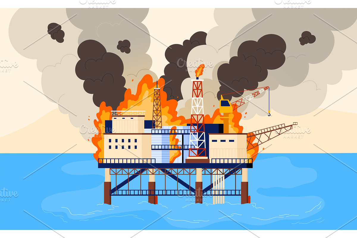 Accident in offshore oil platform, an Illustration by Flashvector