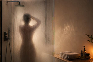 Dark showering concept. Woman showering in dimly lit bathroom, s, a Photo by Dvoevnore photos