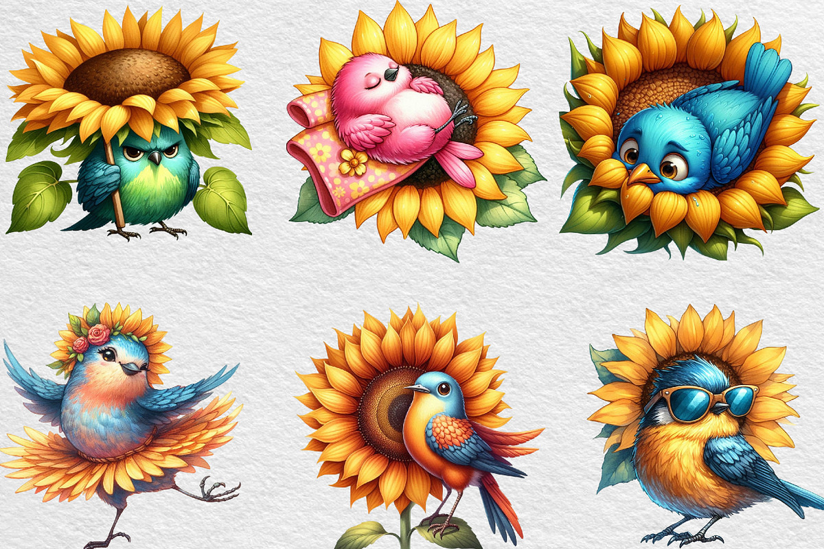 Funny Bird & Sunflower Clipart, an Illustration by Black Bird Studio (Photo 2 of 4)