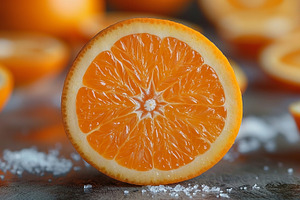 Vibrant close-up of a fresh, juicy orange slice, surrounded by s, a Food & Drink Photo by ImageMir