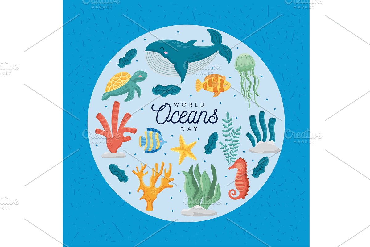 world oceans day circular frame, an Illustration by studiogstock
