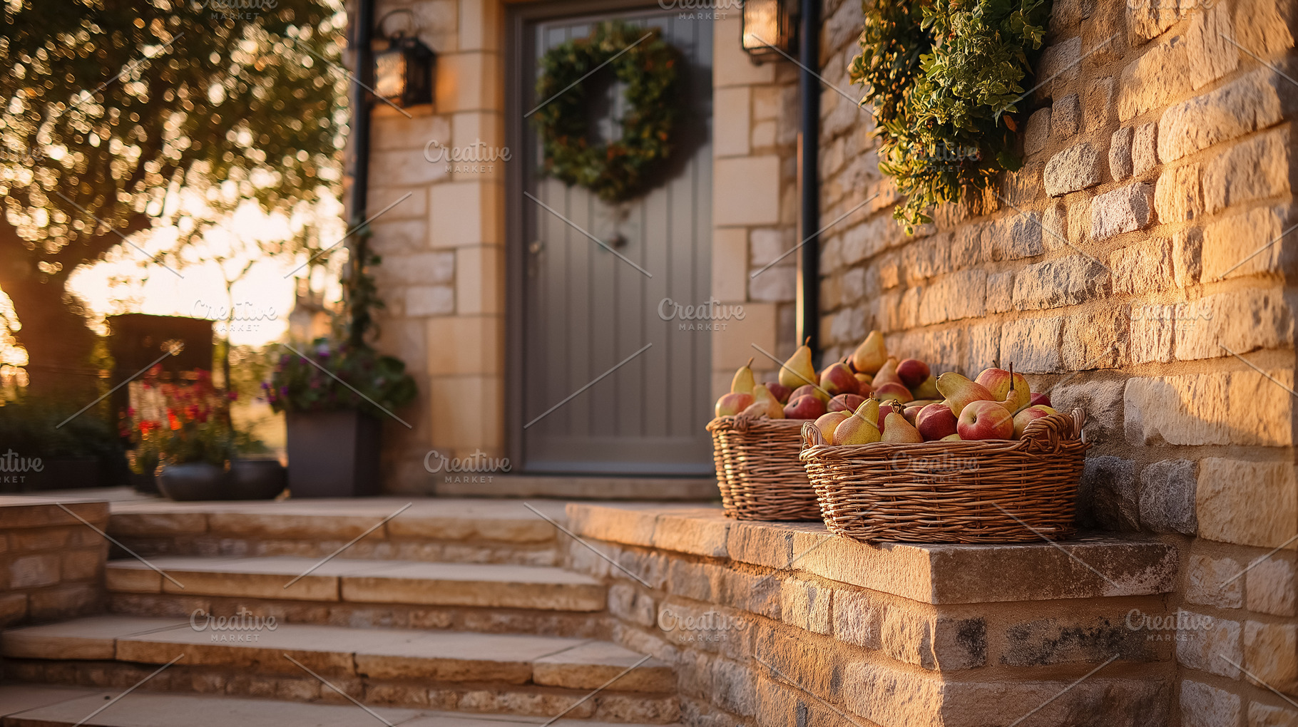 Autumn country scene with autumn decor, leaf, branch, gate, wrea, a Nature Photo by Studio ANNA