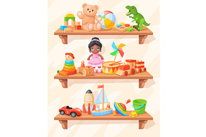 Cartoon toy shelf. Toyshop wooden, an Object Illustration by Stock-Smart-Start