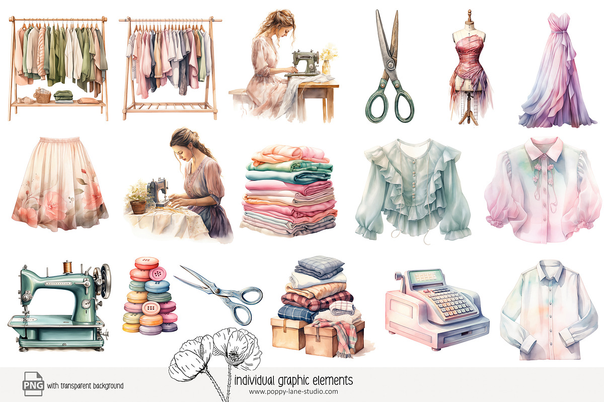90 watercolour seamstress clip art, a Work Illustration by Poppy Lane Studio (Photo 9 of 11)