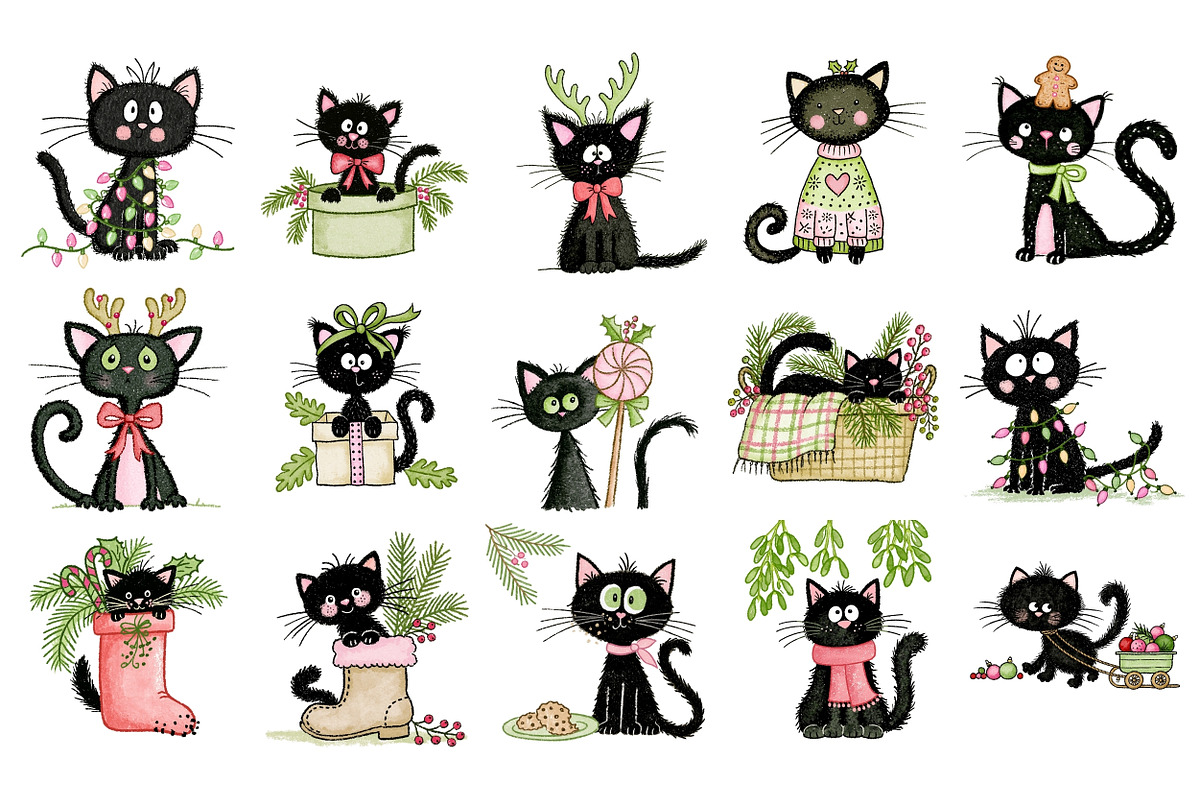 Christmas Cats PNG Clipart Bundle, a Seasonal Illustration by Nicolle's Colorful Art (Photo 4 of 6)