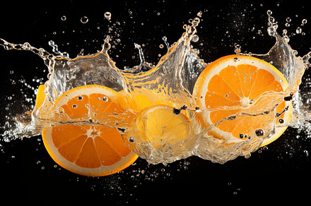 Fresh fruit floating orange juice or, a Food & Drink Photo by Pixeness