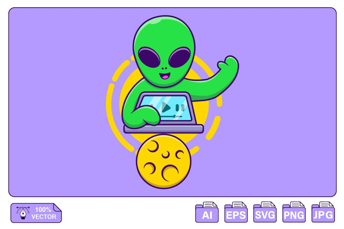 Cute Alien Playing Laptop Cartoon, a Work Illustration by Artstorystudio (Photo 1 of 3)
