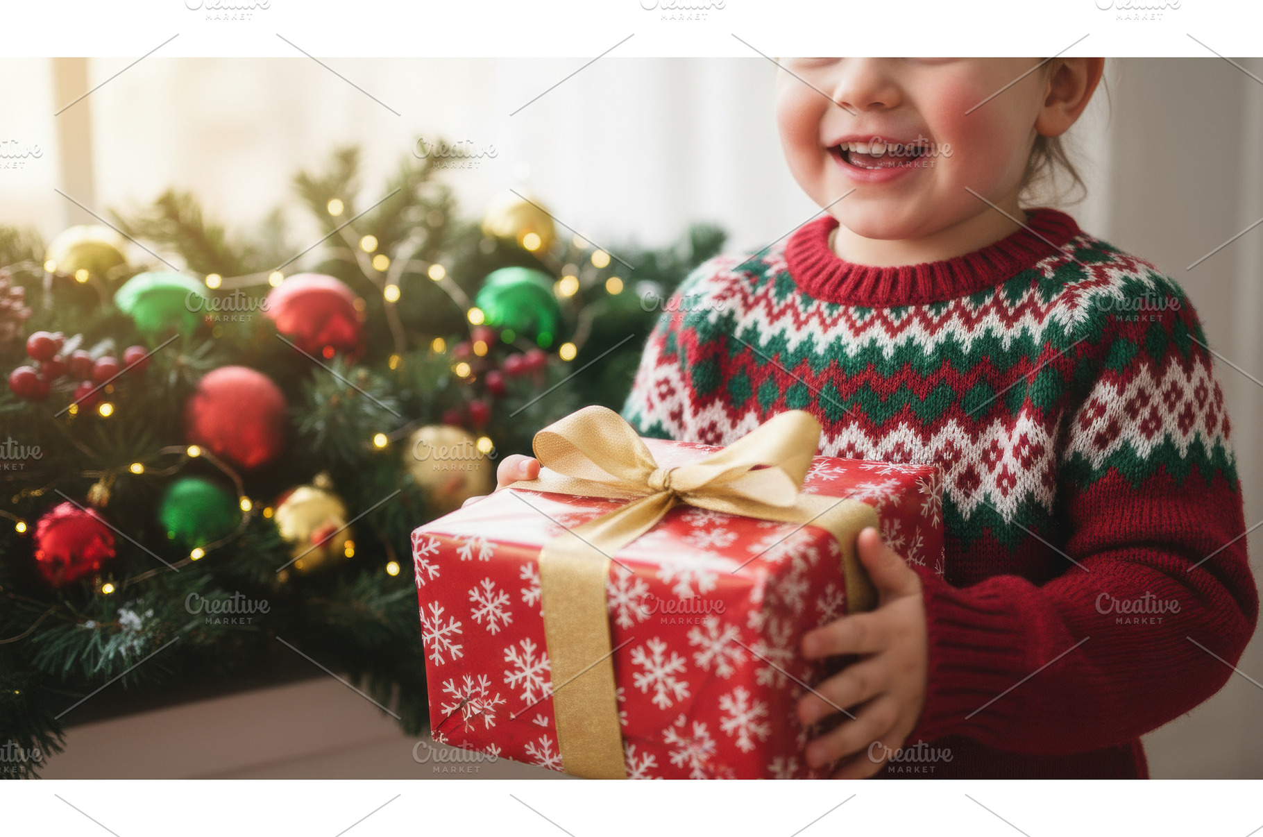 A joyful child holding a wrapped, a Holiday Photo by Igor Tichonow