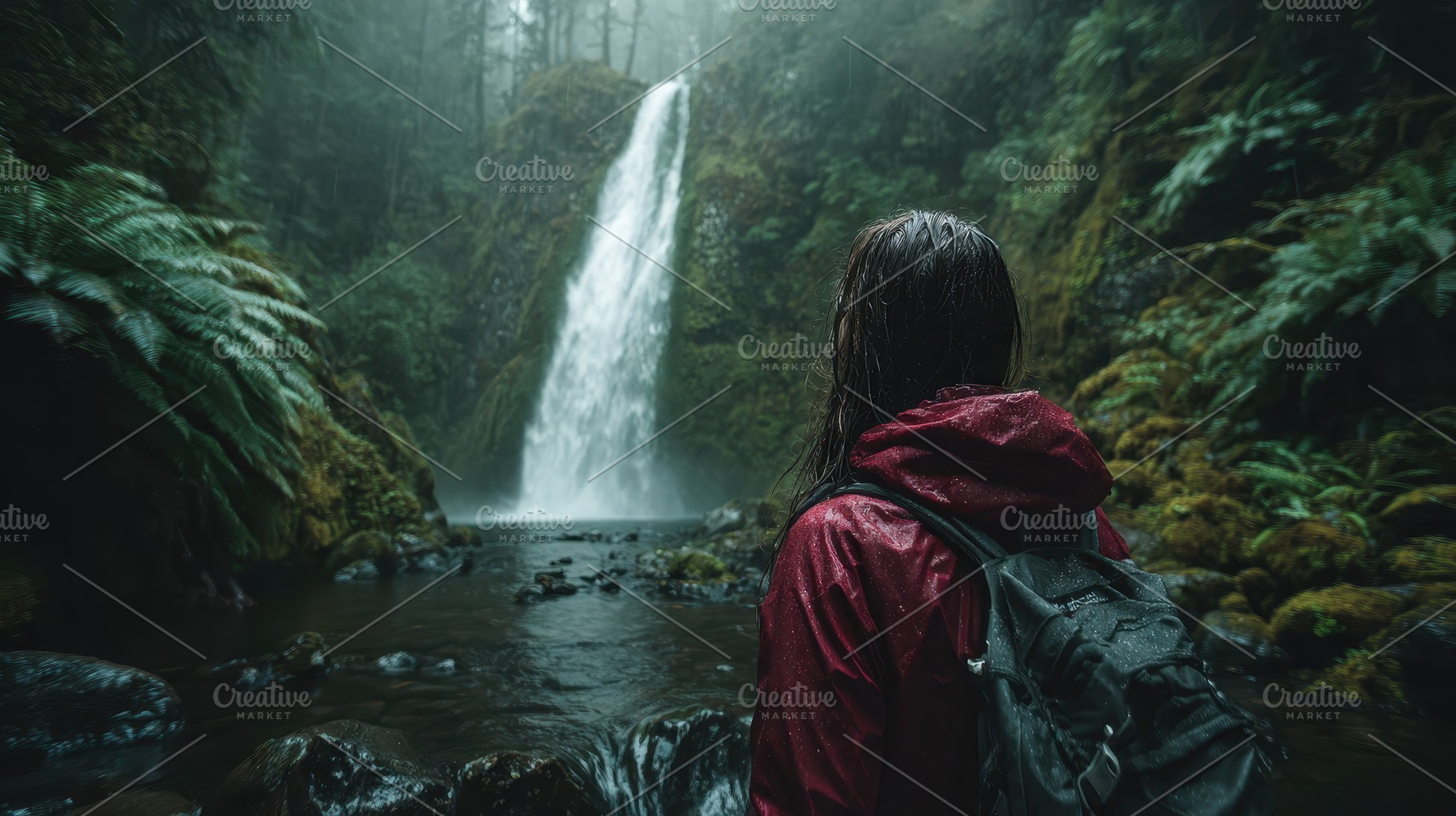 Woman admiring a rainforest waterfal, a Photo by Pixeness Studio