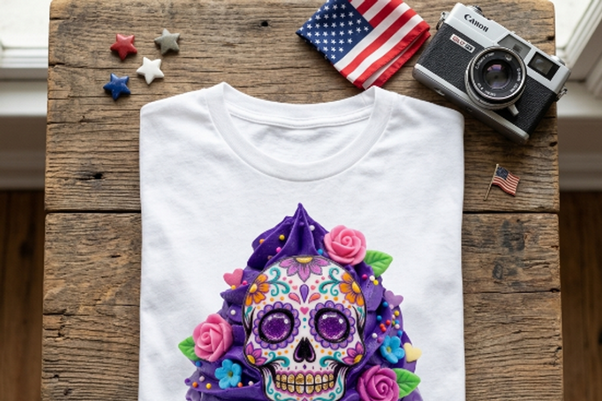 Sugar Skull Purple Cupcake Art, a Shirt Mockup by Vector Stall (Photo 4 of 14)