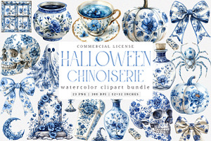 Blue & Ivory Chinoiserie Halloween, an Illustration by SinaCreation