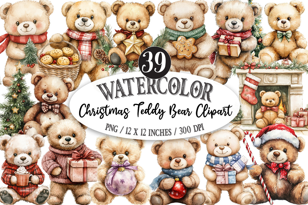 Christmas Teddy Bear Clipart, an Illustration by Designking (Photo 1 of 5)