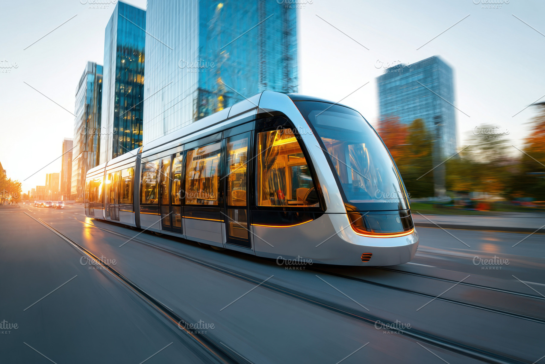 Modern tram in urban sunset scene, a Transportation Photo by AlyaAnd