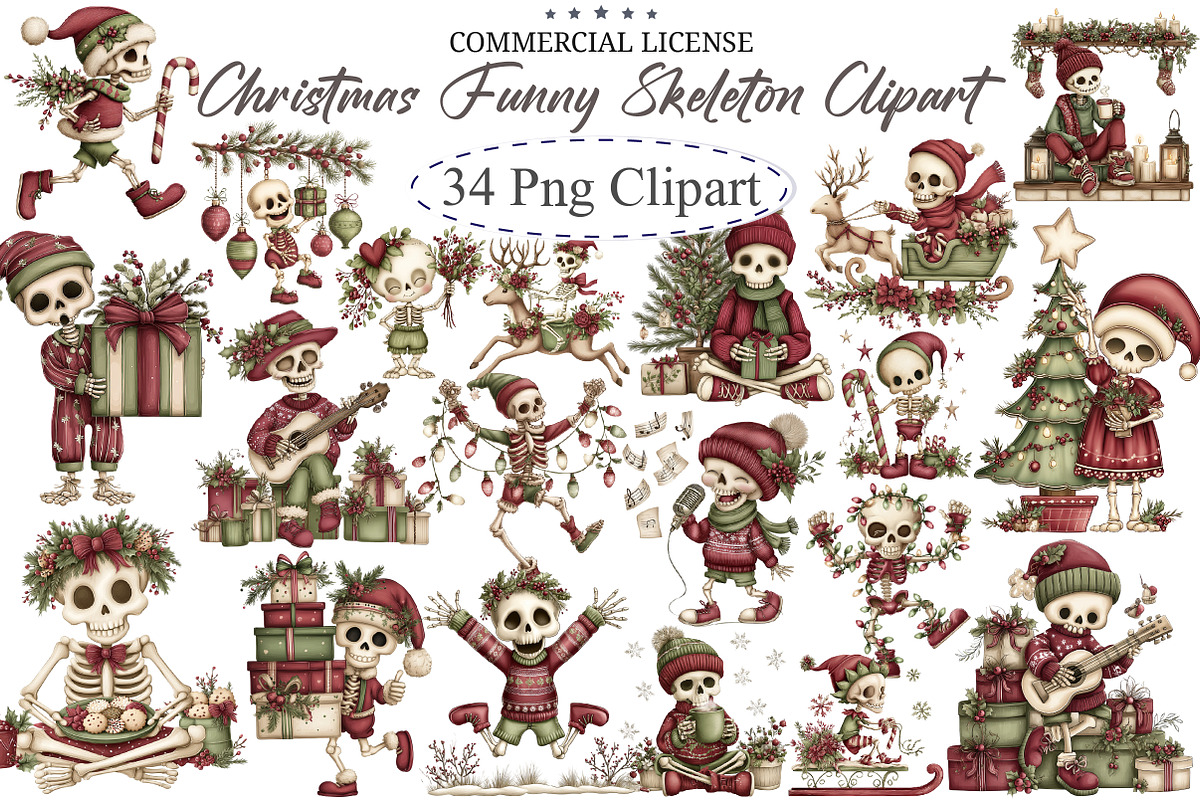 Christmas Funny Skeleton Clipart, an Illustration by designcity5 (Photo 1 of 5)