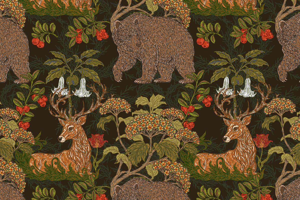 Woodland Bear and Deer Botanical, a Pattern Graphic by NayaChu (Photo 1 of 9)
