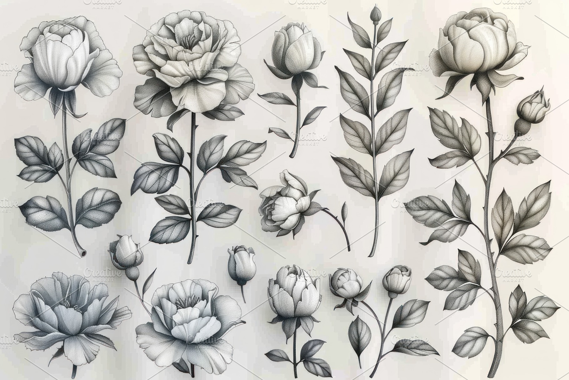 Elegant botanical flower illustration collection with roses peon, a Nature Photo by José Manuel Gelpi