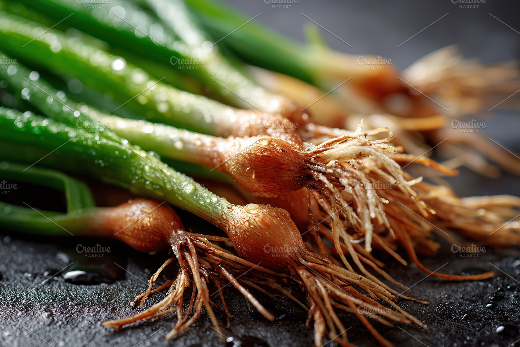 Freshly harvested dew-covered green onions resting on a dark textured surface, a Food & Drink Photo by AlyaAnd