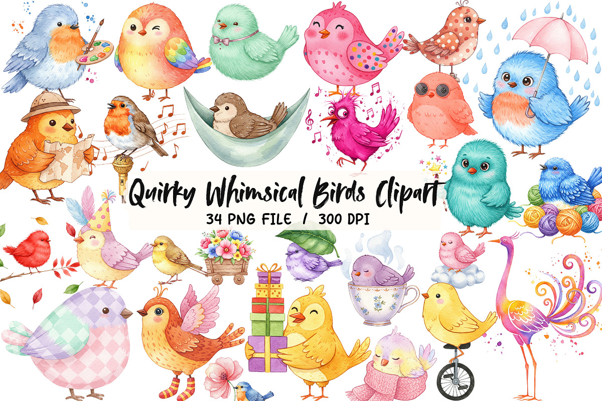 Quirky Whimsical Birds Clipart, an Illustration by Libby Wishes (Photo 1 of 7)