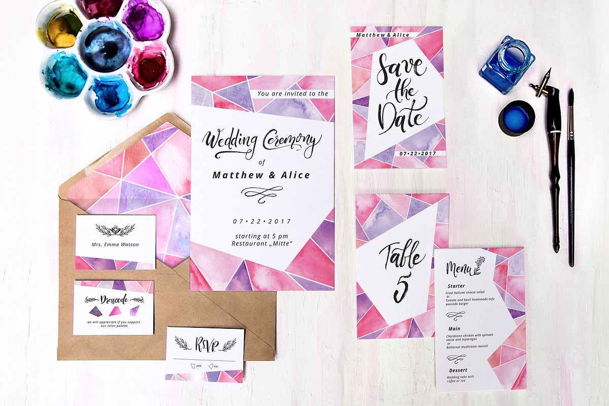 Wedding Watercolor Hand-drawn Set, an Invitation Template by Spencerian Sisters (Photo 2 of 7)