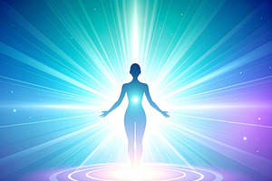 Glowing human silhouette emerging from a small circular base, a Healthcare Illustration by DanFLCreativo