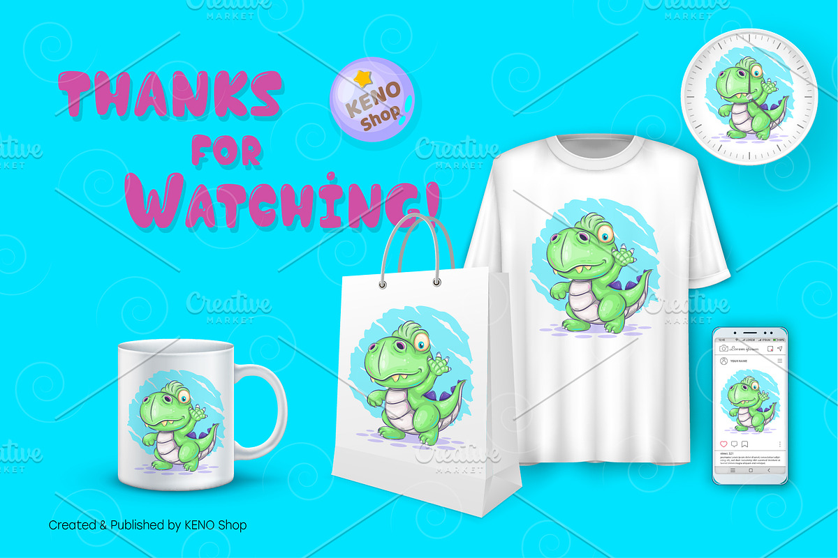 Cartoon dino walking. Tshirt, PNG., an Animal Illustration by KENO Mascots (Photo 4 of 4)