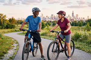 Active multiracial senior couple stopping on bicycles along park, a Sports & Recreation Photo by Volff