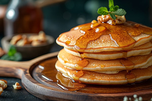 Delicious stack of fluffy pancakes drizzled with syrup, garnishe, a Food & Drink Photo by ImageMir