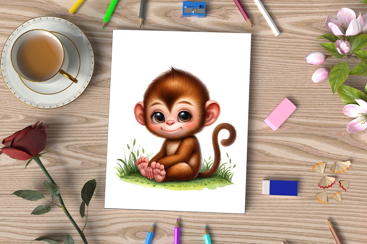Watercolor Funny Monkey Clipart, an Illustration by CraftArtStudio (Photo 3 of 5)