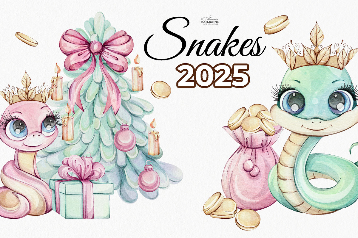 Watercolor Snakes | New year 2025, a Seasonal Illustration by katmonne (Photo 1 of 10)