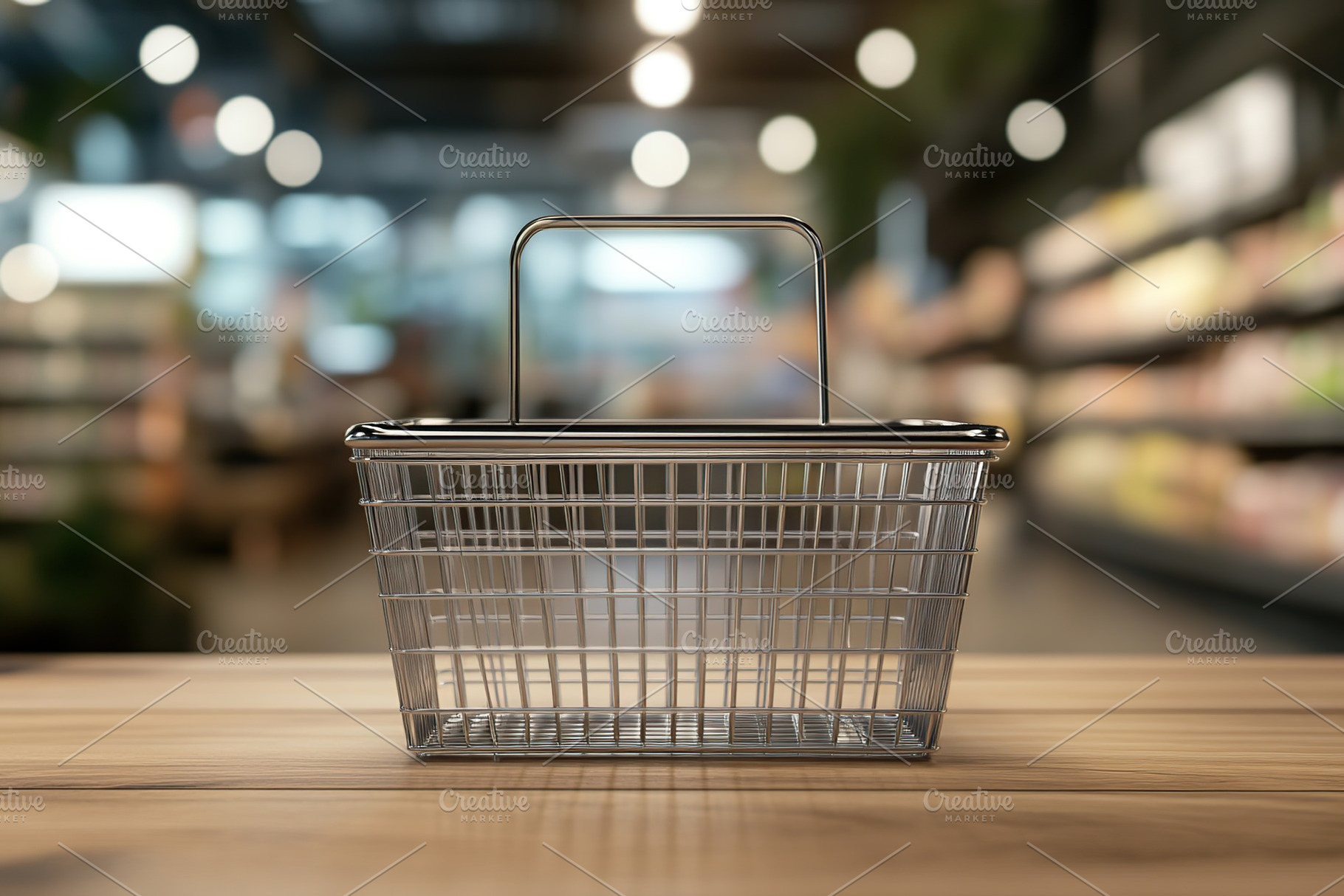 Empty supermarket basket on wooden table, a Photo by AlyaAnd