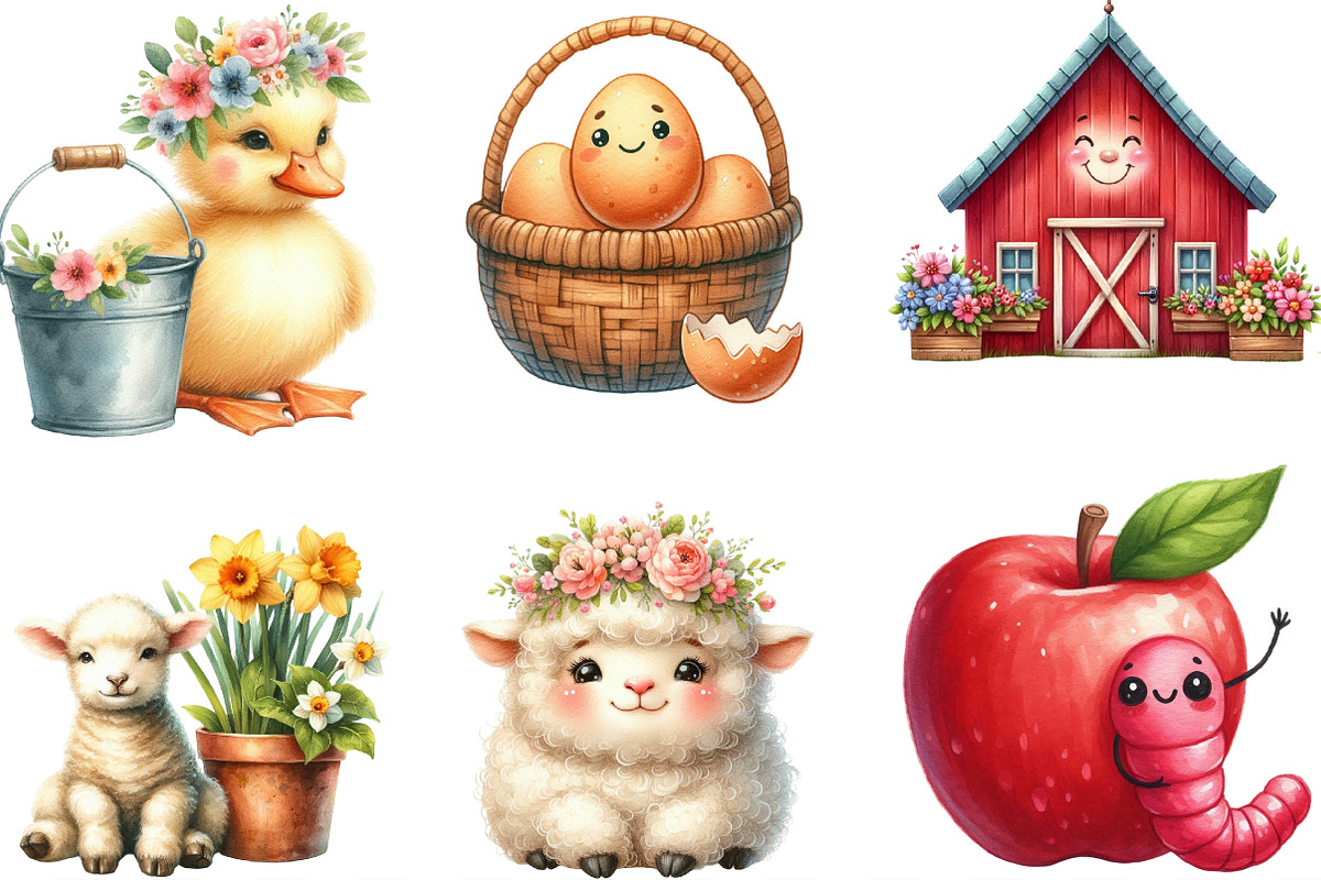 Watercolor Cute Little Farm Clipart, an Illustration by Designking (Photo 2 of 4)