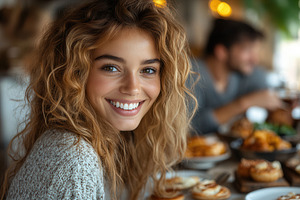 Smiling woman enjoying a meal with f, a Photo by Tanuart
