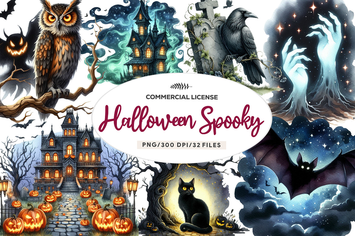 Watercolor Halloween Spooky Clipart, an Illustration by CreationArt (Photo 1 of 6)
